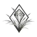 a diamond balancing on top of a single blade of grass. bold black lines in a bold black frame tattoo design idea