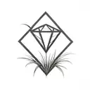 a diamond balancing on top of a single blade of grass. bold black lines in a bold black frame tattoo design idea