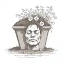 a head poking out of the soil of a muddy grave with soil on top of the head and flowers growing out of the top tattoo design idea