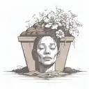 a head poking out of the soil of a muddy grave with soil on top of the head and flowers growing out of the top tattoo design idea