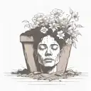 a head poking out of the soil of a muddy grave with soil on top of the head and flowers growing out of the top tattoo design idea