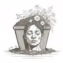 a head poking out of the soil of a muddy grave with soil on top of the head and flowers growing out of the top tattoo design idea