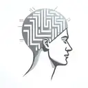 a human head laying back on a pillow with geometric shapes like a maze coming out of the top of his head tattoo design idea