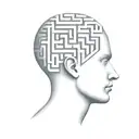 a human head laying back on a pillow with geometric shapes like a maze coming out of the top of his head tattoo design idea