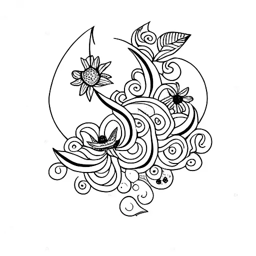 A crescent moon surrounded by blooming flowers tattoo design idea
