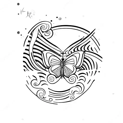 butterfly, heart, shooting star, sea wave tattoo design idea