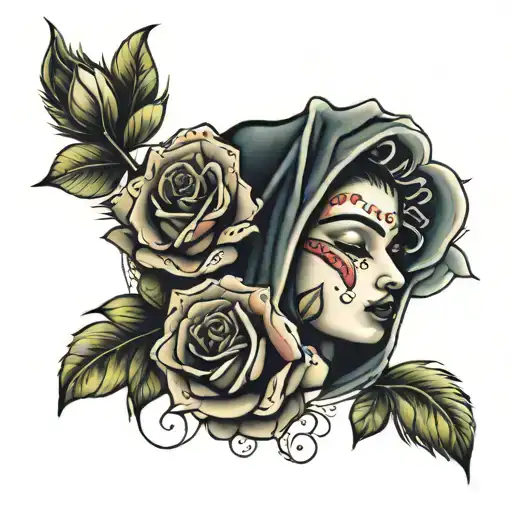 Virgin Guadalupe and roses with leopard surrounded tattoo design idea