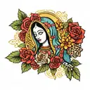 de Virgin Guadalupe surrounded by red tiny roses and tiny leopard prints  tattoo design idea