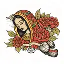de Virgin Guadalupe surrounded by red tiny roses and tiny leopard prints  tattoo design idea