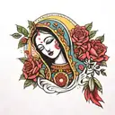de Virgin Guadalupe surrounded by red tiny roses and tiny leopard prints  tattoo design idea