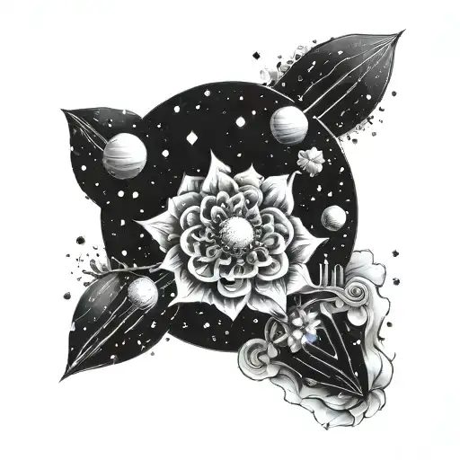 A cosmo flower blooming in outer space with planets and asteroids orbiting around it tattoo design idea