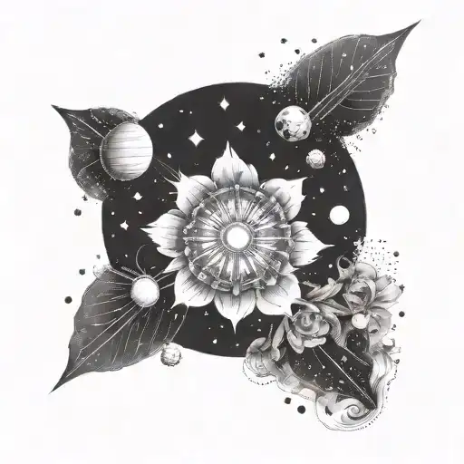 A cosmo flower blooming in outer space with planets and asteroids orbiting around it tattoo design idea