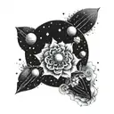 A cosmo flower blooming in outer space with planets and asteroids orbiting around it tattoo design idea
