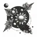 A cosmo flower blooming in outer space with planets and asteroids orbiting around it tattoo design idea