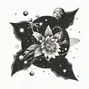 A cosmo flower blooming in outer space with planets and asteroids orbiting around it tattoo design idea