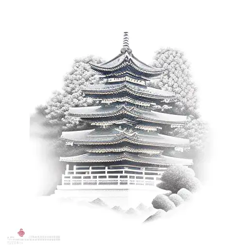 samurai with temple and cherry trees background tattoo design idea