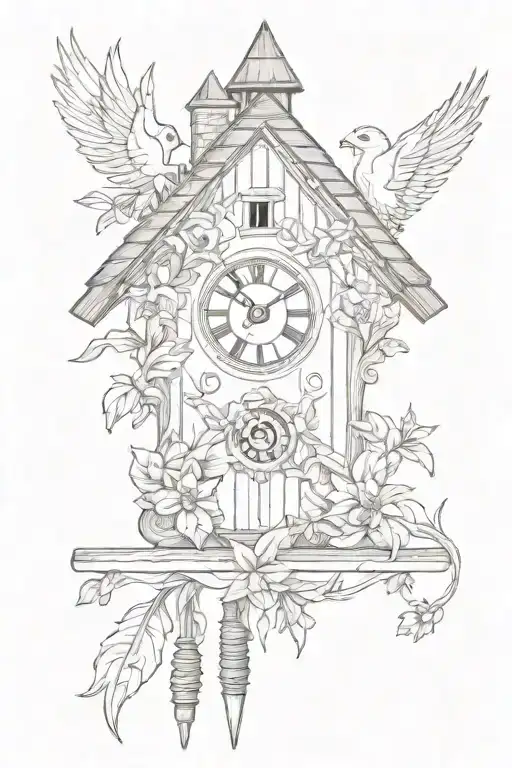 German cuckoo clock with edelweiss surrounding and a chimney roof tattoo design idea