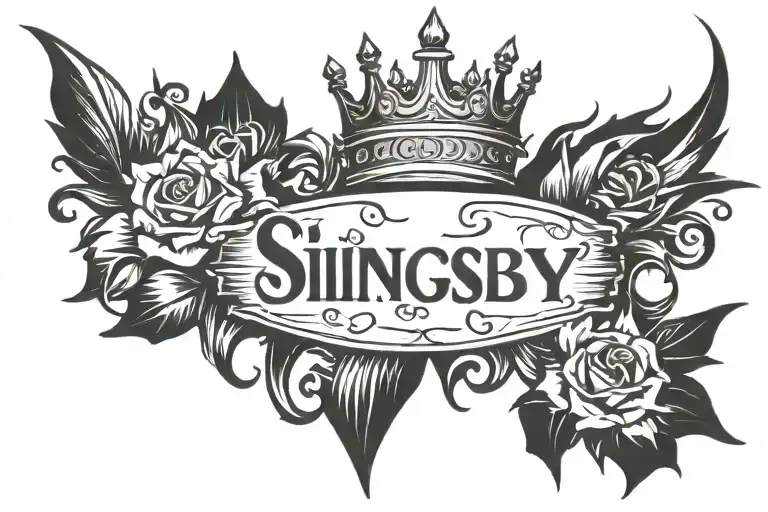 Slingsby with a gothic font with sharp aggressive edges place a dark crown on the top of the word with barbed details tattoo design idea