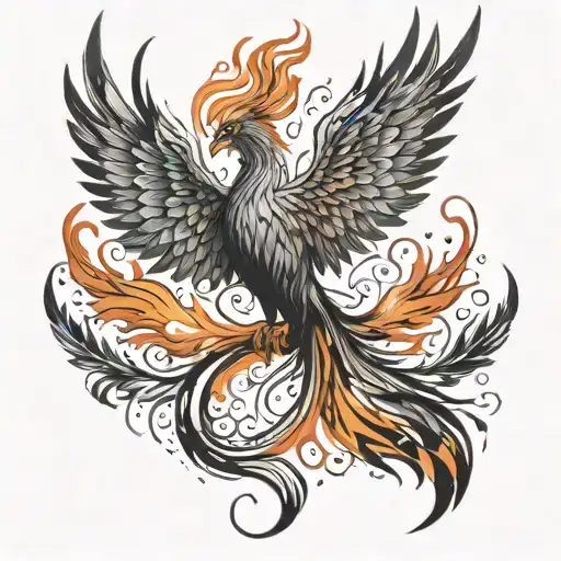 A phoenix rising from the ashes with a strong and determined expression, symbolizing resilience and the power of a dominant mindset tattoo design idea