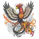 A phoenix rising from the ashes with a strong and determined expression, symbolizing resilience and the power of a dominant mindset tattoo design idea