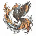 A phoenix rising from the ashes with a strong and determined expression, symbolizing resilience and the power of a dominant mindset tattoo design idea