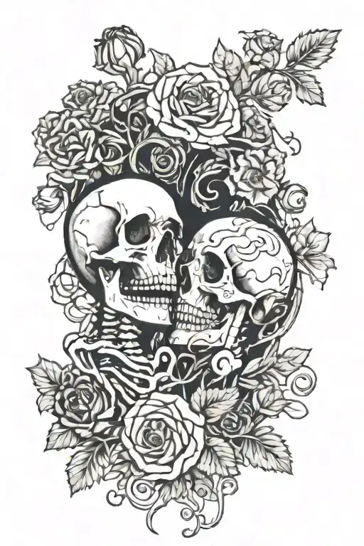 A tattoo featuring two skeleton kissing surrounded by vines, roses and poppy flowers in a blackwork style tattoo design idea