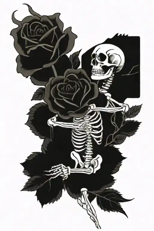 A tattoo featuring two skeleton lovers intertwined roses and poppy flowers in a blackwork style tattoo design idea