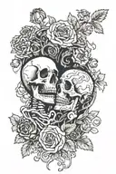 A tattoo featuring two skeleton kissing surrounded by vines, roses and poppy flowers in a blackwork style tattoo design idea