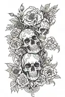 A tattoo featuring two skeleton kissing surrounded by vines, roses and poppy flowers in a blackwork style tattoo design idea