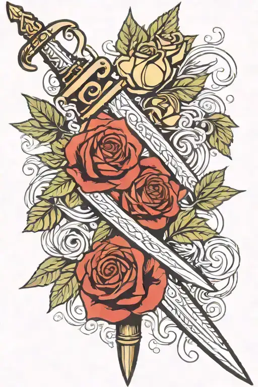 sword and roses intertwined tattoo design idea