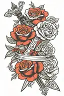 sword and roses intertwined tattoo design idea