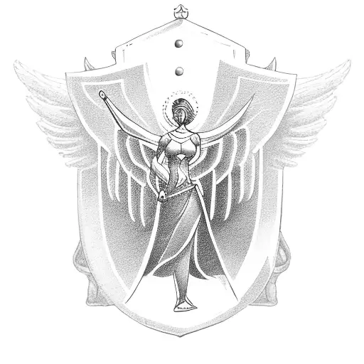 A guardian angel protecting a person with a shield that bears the inscription 'Born to Win' tattoo design idea