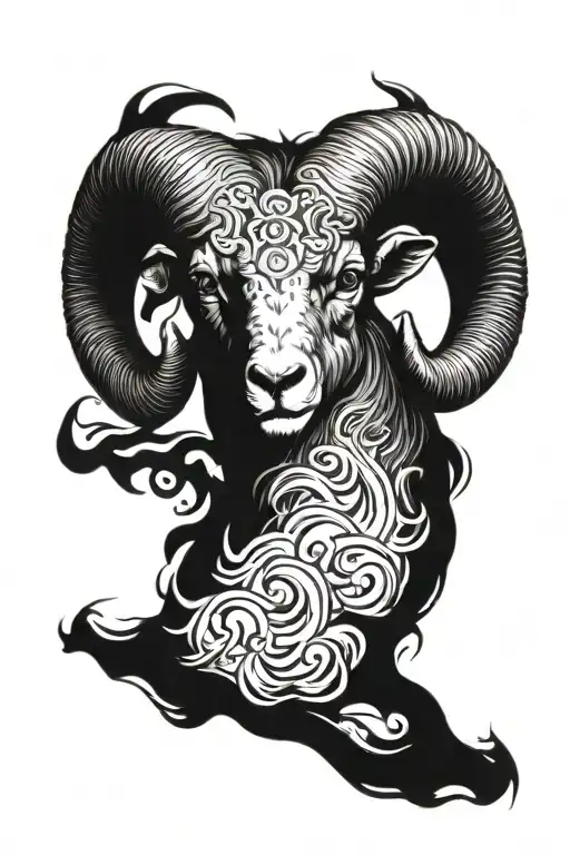 Raging Aries ram head surrouded by flames left arm sleeve tattoo design idea