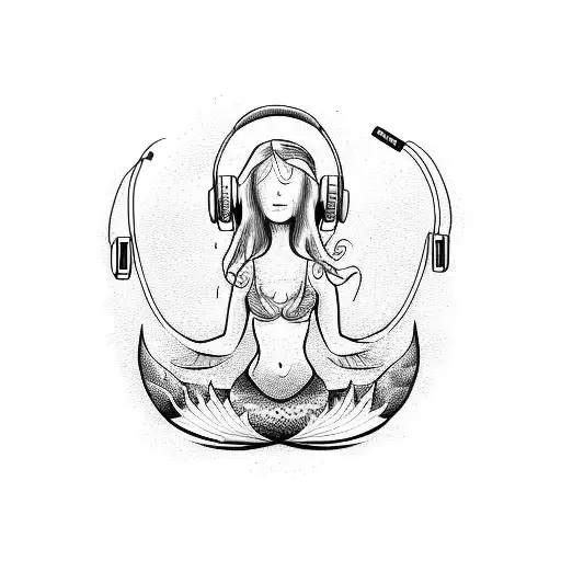 A meditating mermaid with headphones listening to the sound of the ocean tattoo design idea