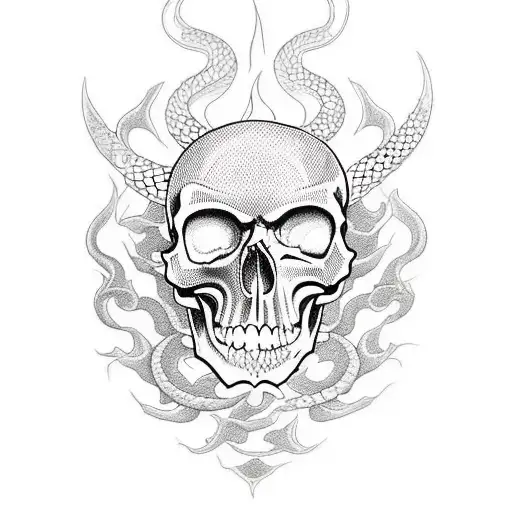 A traditional-style tattoo depicting a skull and crossbones with flames and snakes, representing the client's fascination with skulls, flames, and snakes. tattoo design idea