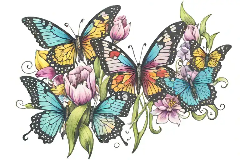 butterflies, tulips and rainbow infinity symbol intertwined tattoo design idea