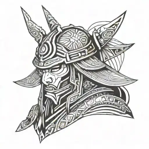 geometric samurai warrior face front on the back tattoo design idea