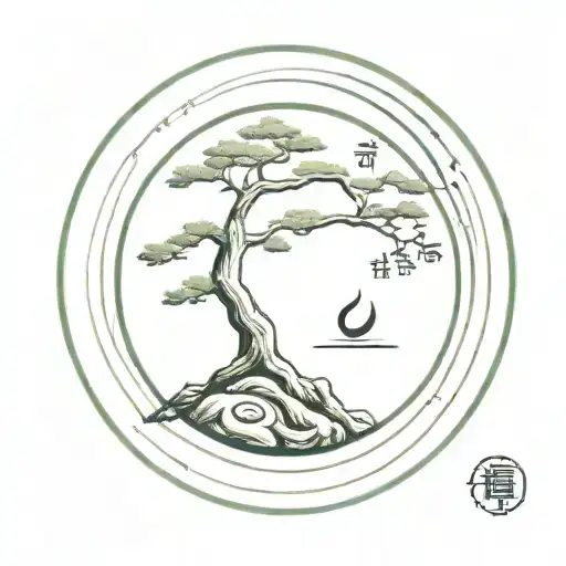A minimalist, thin-lined tattoo design featuring a pine tree in the center of a Japanese enso circle with a music note  tattoo design idea