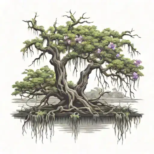 bayou tree with Spanish moss and orchids blooming tattoo design idea