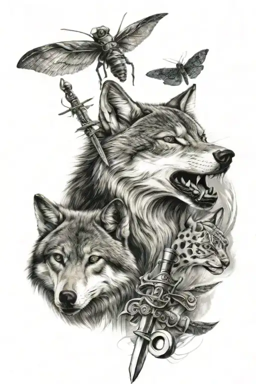 male wolf, female wolf, wolf cub, sword, dragonfly and key  tattoo design idea