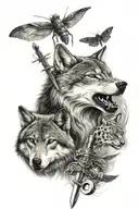 male wolf, female wolf, wolf cub, sword, dragonfly and key  tattoo design idea