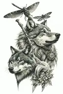 male wolf, female wolf, wolf cub, sword, dragonfly and key  tattoo design idea