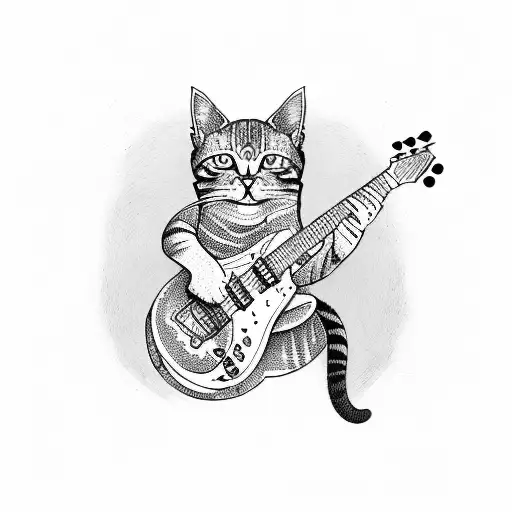 A cat playing an electric guitar with a stoner rock vibe tattoo design idea