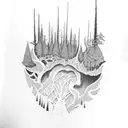 A stoner rock-inspired tattoo depicting a forest with hidden guitar necks as trees tattoo design idea