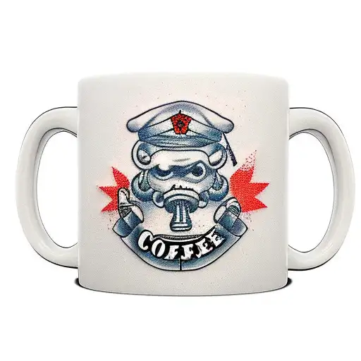 coffee mug, slightly tapered at the top, pale red tattoo design idea