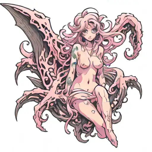 nude monster girl in pink color tattoo design idea
