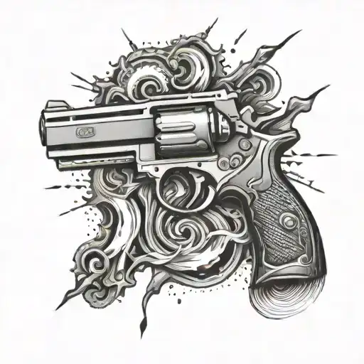 Create a tattoo design featuring a handgun intertwined with lightning bolts and waves, symbolizing power and intensity tattoo design idea