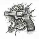 Create a tattoo design featuring a handgun intertwined with lightning bolts and waves, symbolizing power and intensity tattoo design idea