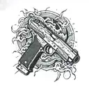 Create a tattoo design featuring a handgun intertwined with lightning bolts and waves, symbolizing power and intensity tattoo design idea