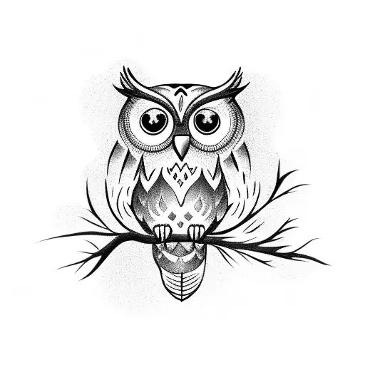 Owl on a branch with florals tattoo design idea